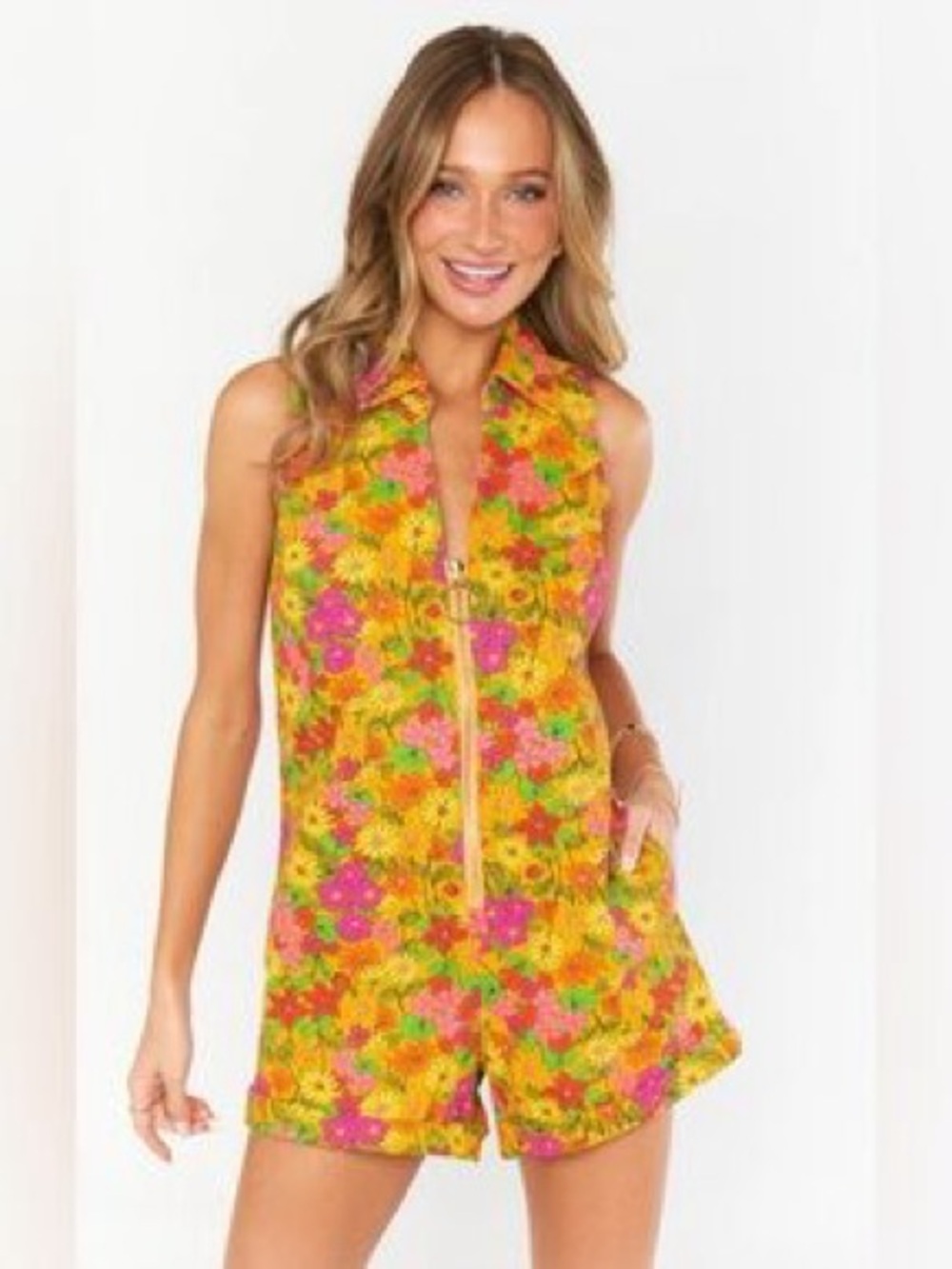 Show Me Your MUMU Floral Zip-Front Sleeveless Romper in Yellow & Pink